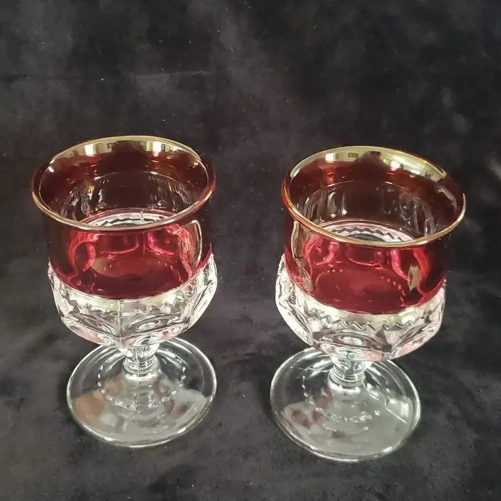 Vintage Set of 2 Small Kings Crown Ruby Red Wine Goblets